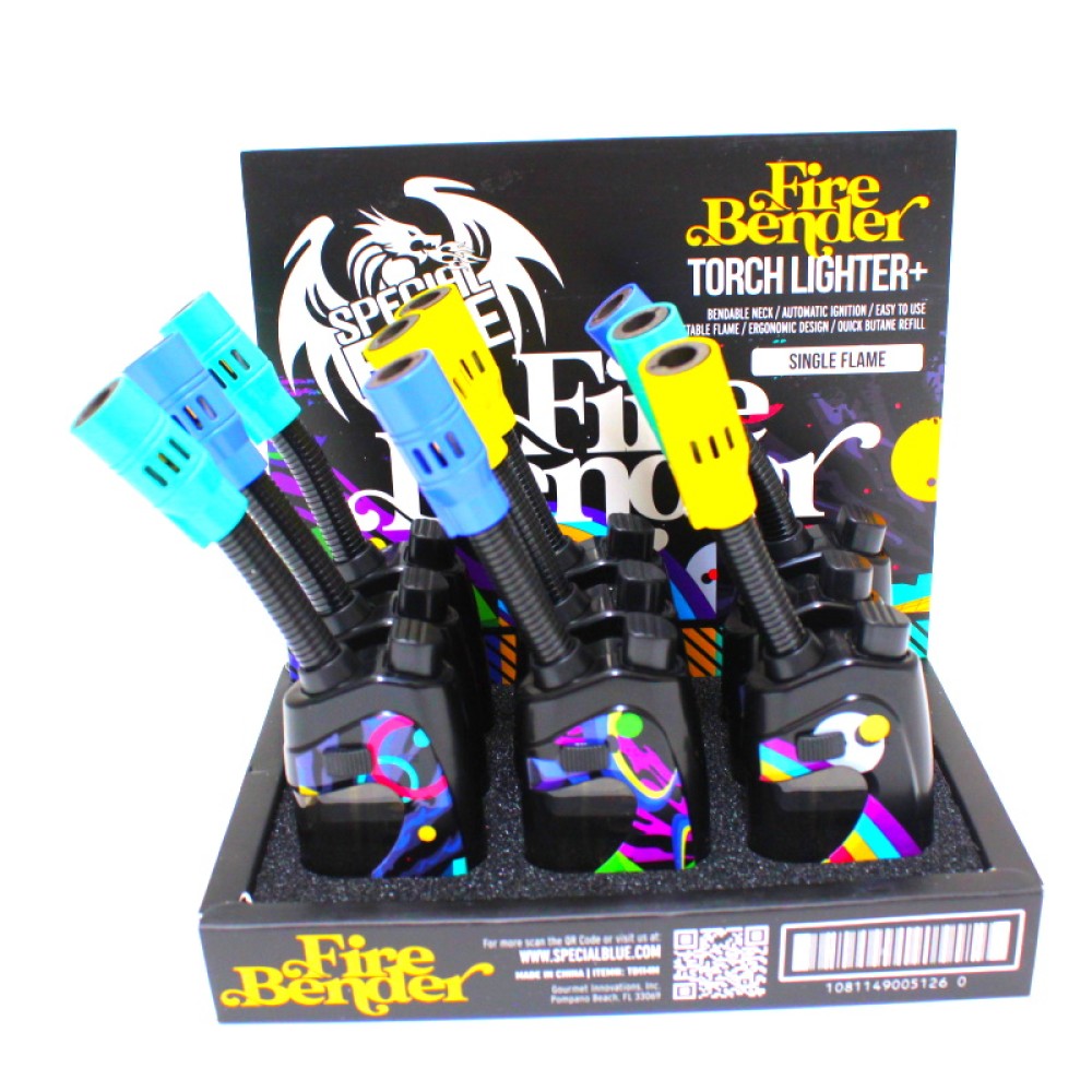 Special Blue Fire Bender Torch with powerful flame, adjustable flame control, refillable butane system, and 9-piece pack packaging.