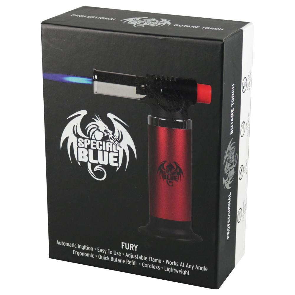 Special Blue Fury Torch Lighter featuring powerful windproof jet flame, refillable butane system, and durable ergonomic design for reliable heating performance.