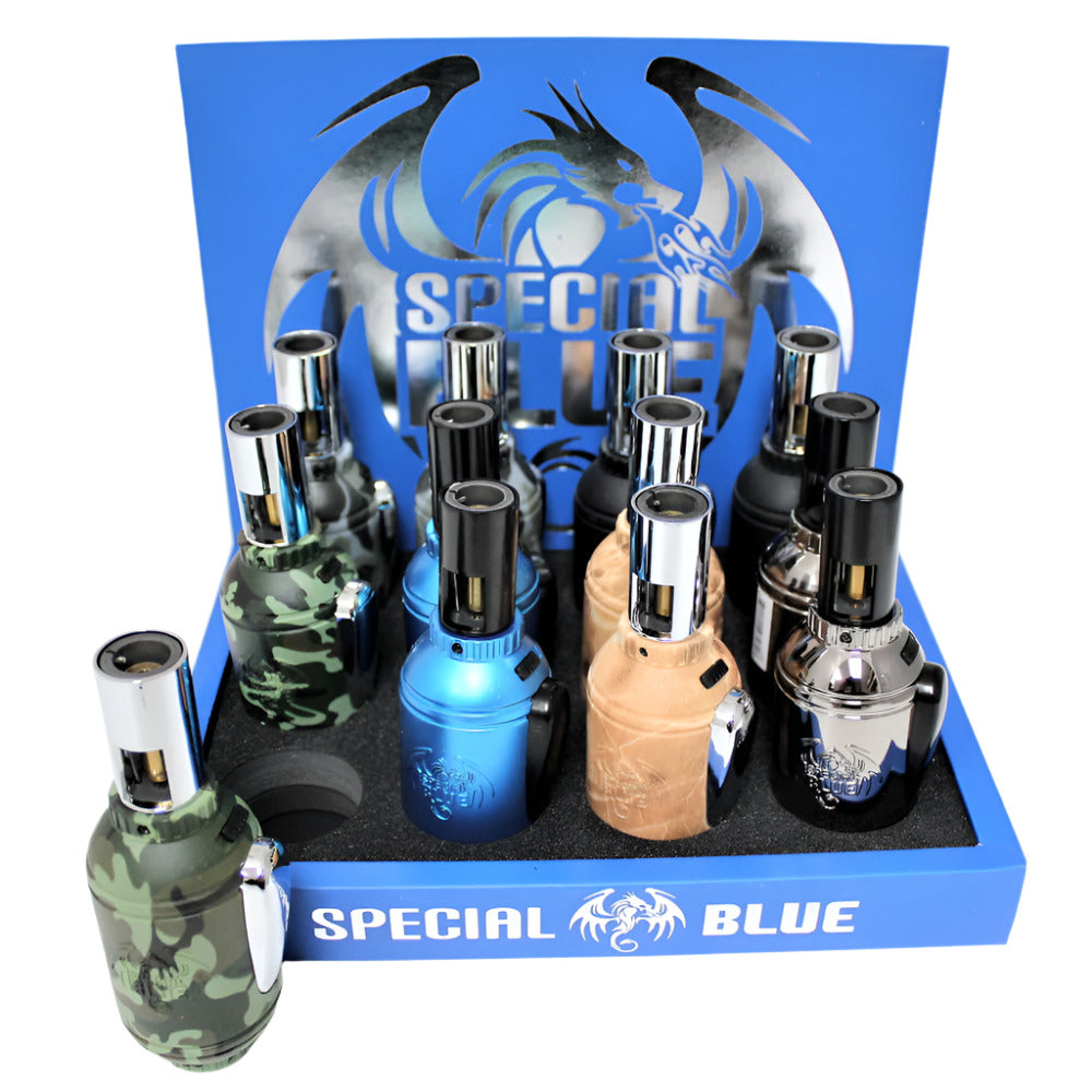 Special Blue Grenade Torch Lighter with grenade-style design, powerful flame, refillable butane system, and 12-piece display packaging.