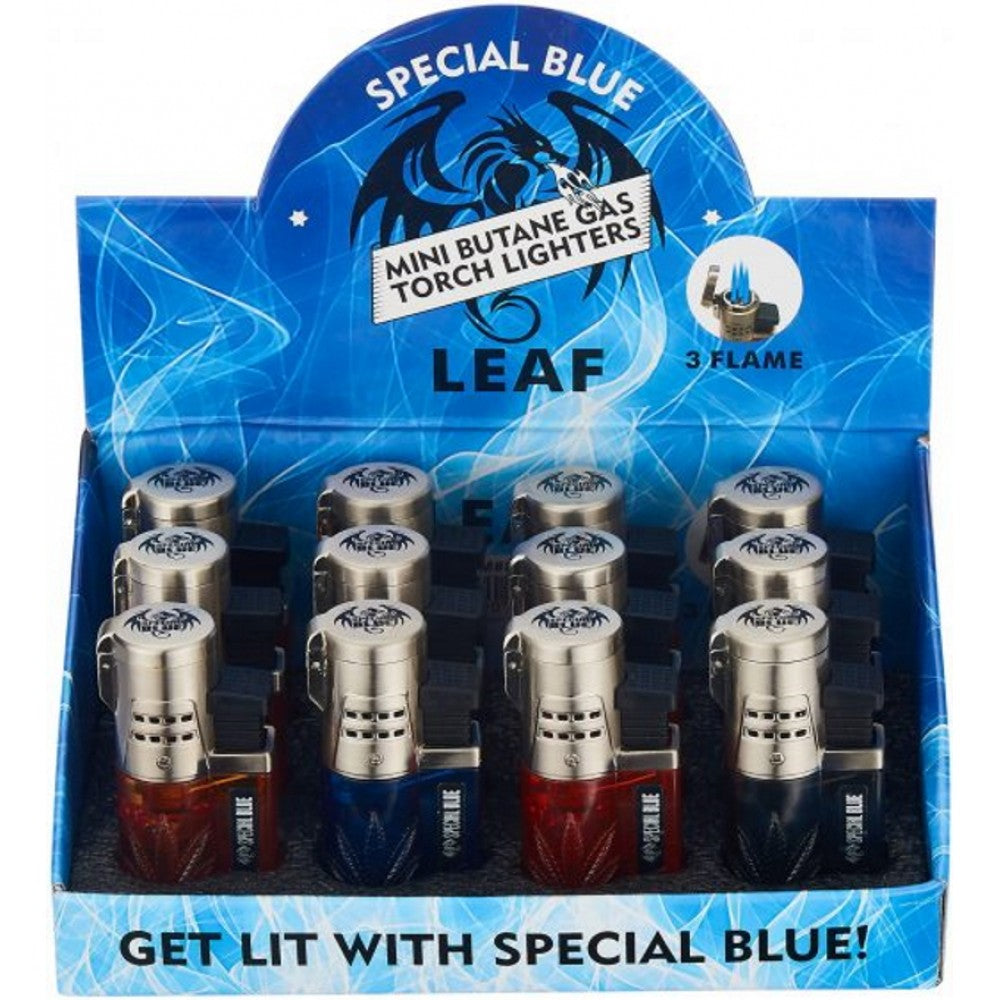Special Blue Leaf 3 Flame Torch Lighter with triple jet flame system, refillable butane design, stylish leaf-inspired body, and 12-piece box.