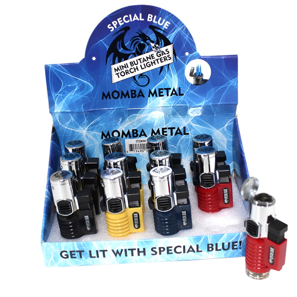 Special Blue Momba metal lighter with triple flame design, durable metal construction, refillable butane system, and 12-piece display packaging.