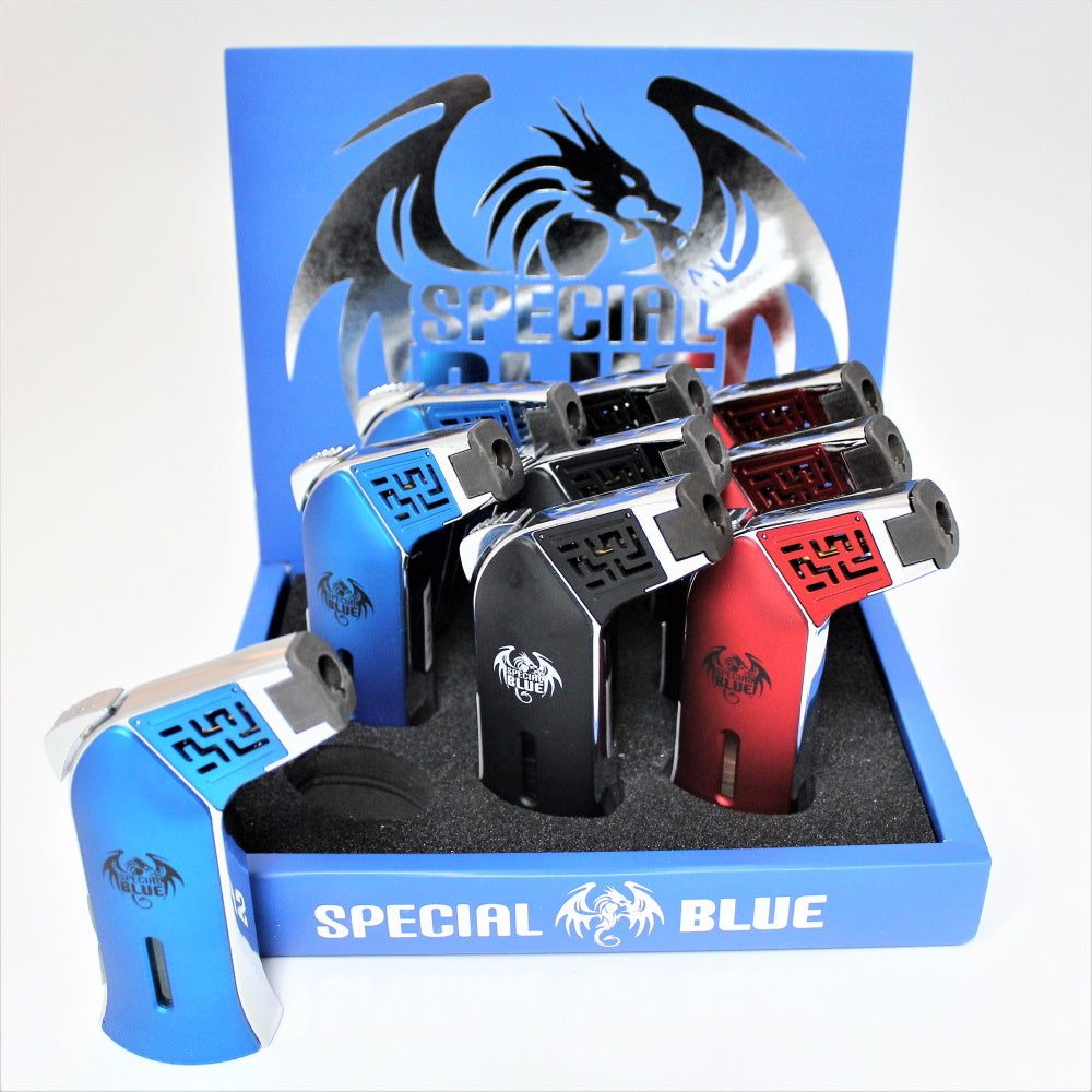 Special Blue Steel Torch Lighter with durable steel body, powerful adjustable flame, refillable butane system, and 9-piece retail display pack.