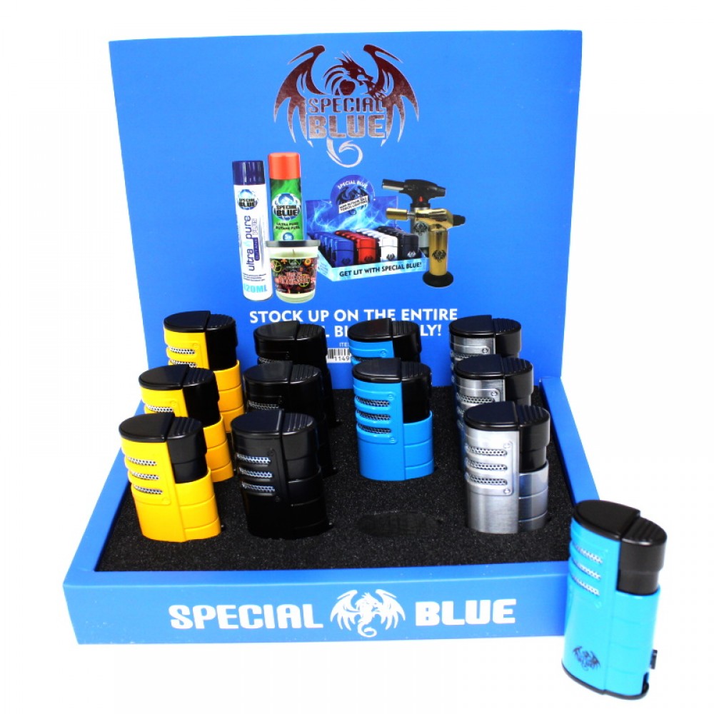 Special Blue Triple Shot Torch Lighter with triple jet flame, adjustable flame control, refillable butane system, and 12-piece pack packaging.