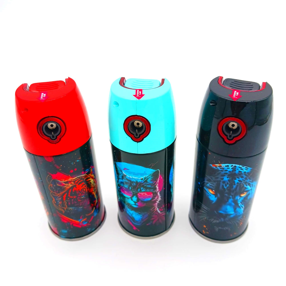 Spraycan animal face torch lighter Clickit 6pcs box, designed with a creative spraycan style body, fun animal face graphics, strong jet flame, and durable build for everyday use.