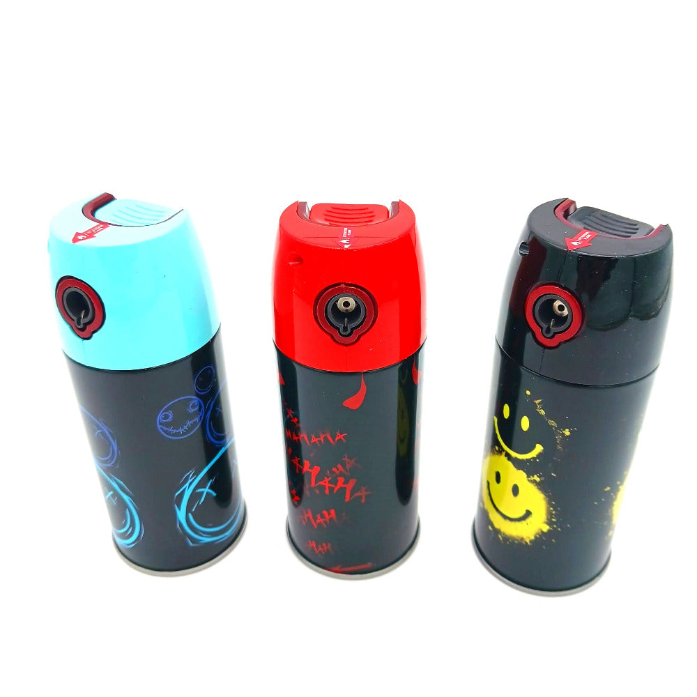 Spraycan smile face torch lighter Clickit 6pcs box, designed with a playful smiley face graphic, strong wind-resistant jet flame, and durable portable spraycan-style body for everyday use.