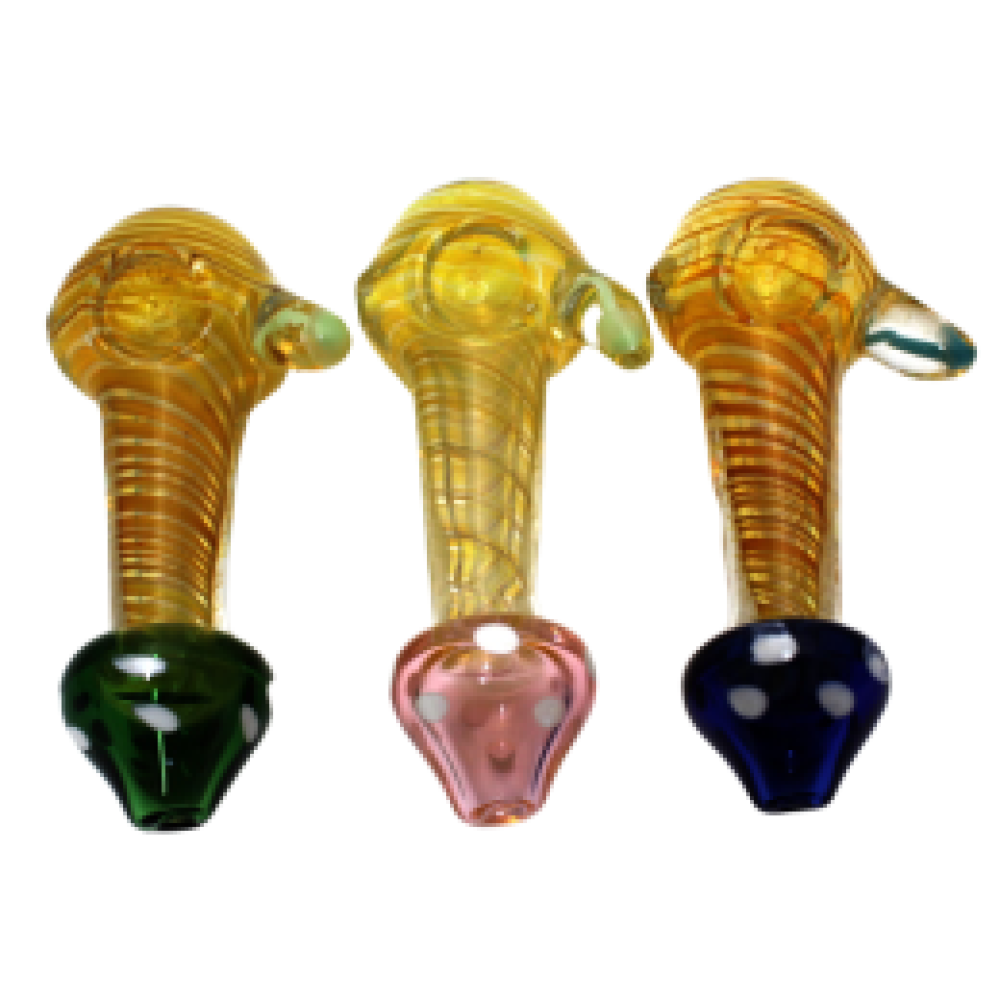 Standing gold fumed mushroom design glass hand pipe with extra heavy duty construction, thick durable glass, and an artistic mushroom-inspired shape.
