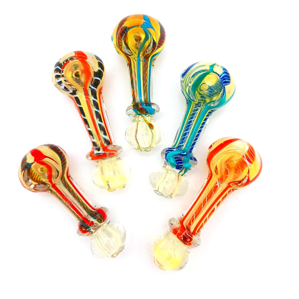 Heavy duty glass hand pipe with step swirl color design, crafted from thick durable glass for a sturdy grip, stylish look, and smooth smoking experience.
