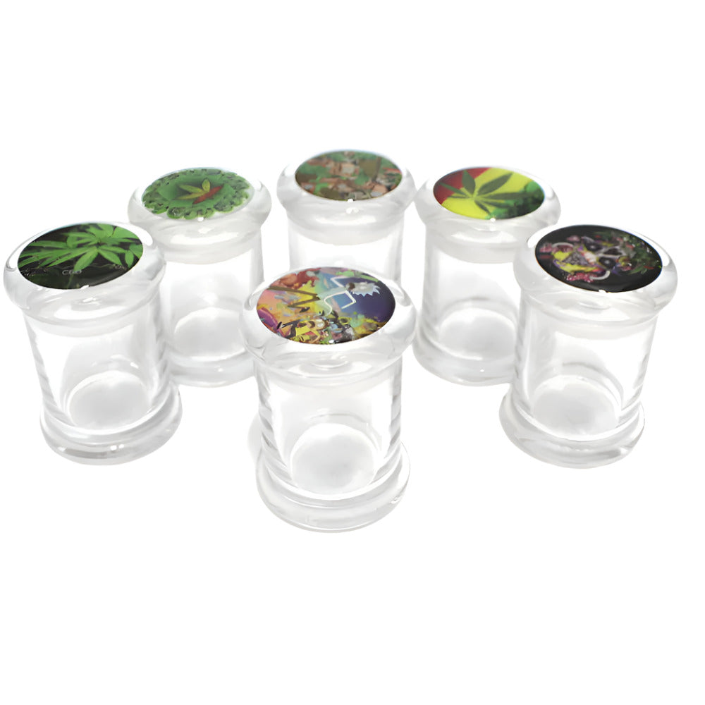 Small sticker design glass jar with built-in LED light, durable glass body, secure lid, and decorative compact storage design.
