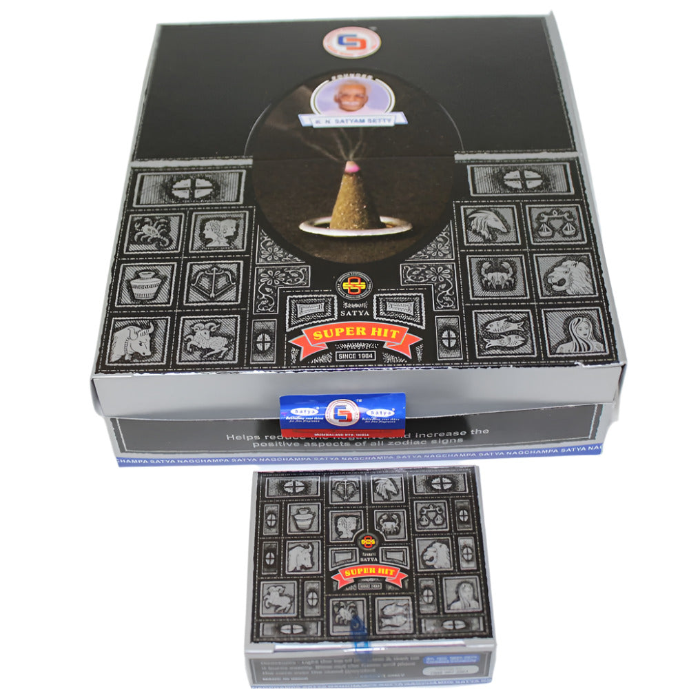 Super Hit Satya Sai Baba Nag Champa Dhoop Cones 12 pack traditional incense cones rich aromatic fragrance used for meditation prayer and relaxation.