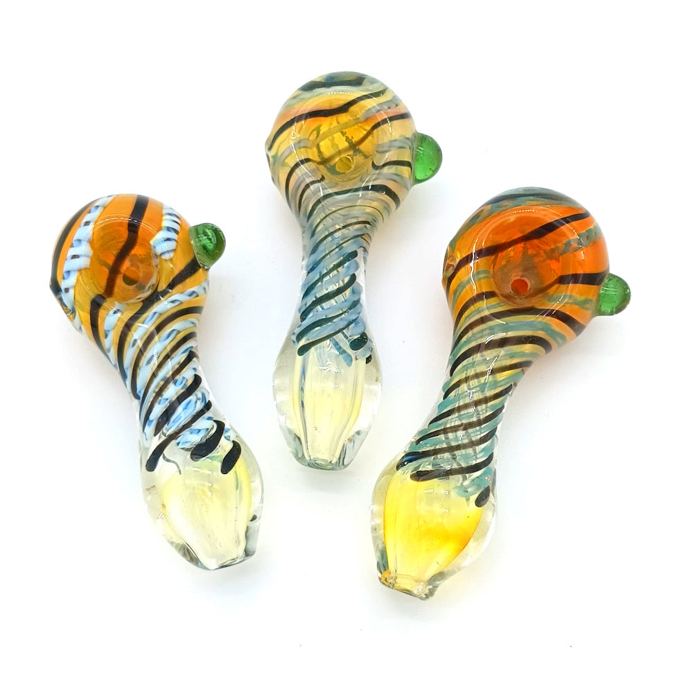 Swirl color glass hand pipe with vibrant artistic swirl design, heavy-duty durable glass construction, compact portable size, and smooth airflow for clean smoking.