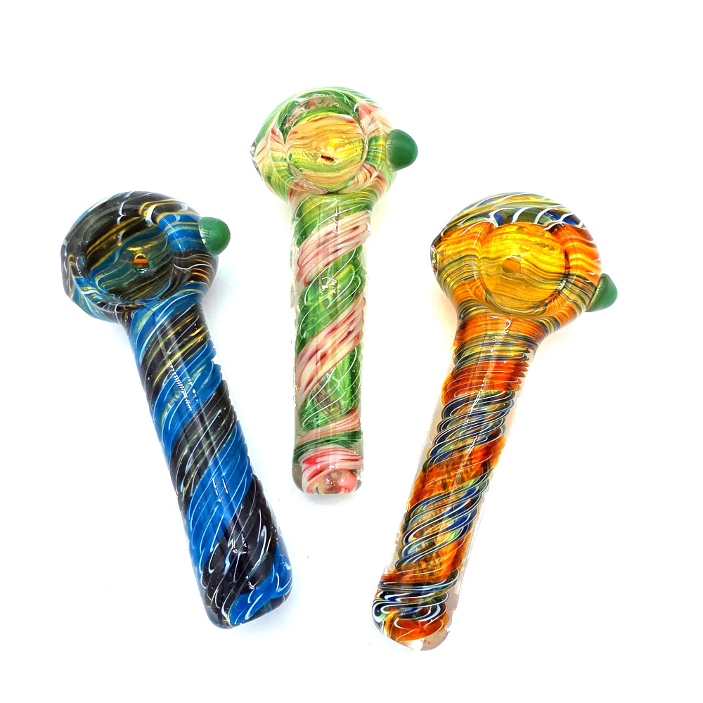 Swirl color mixed heavy duty glass hand pipe made from thick durable glass with vibrant mixed swirl patterns, compact design, and smooth airflow.