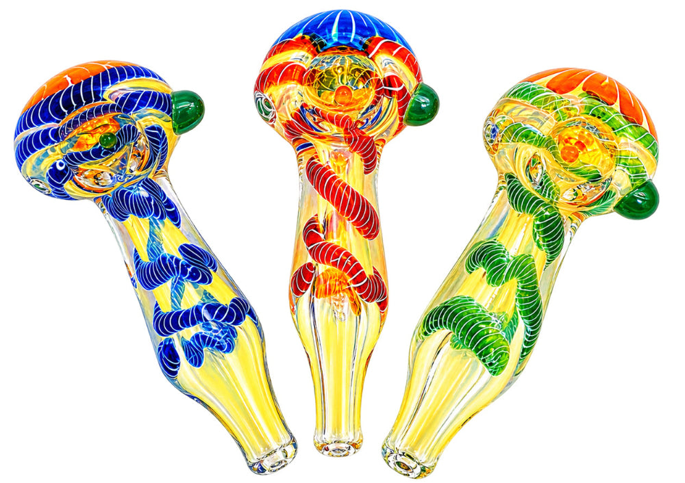 Swirl color glass hand pipe made with thick durable glass, featuring vibrant swirl patterns and smooth airflow for a premium smoking experience.