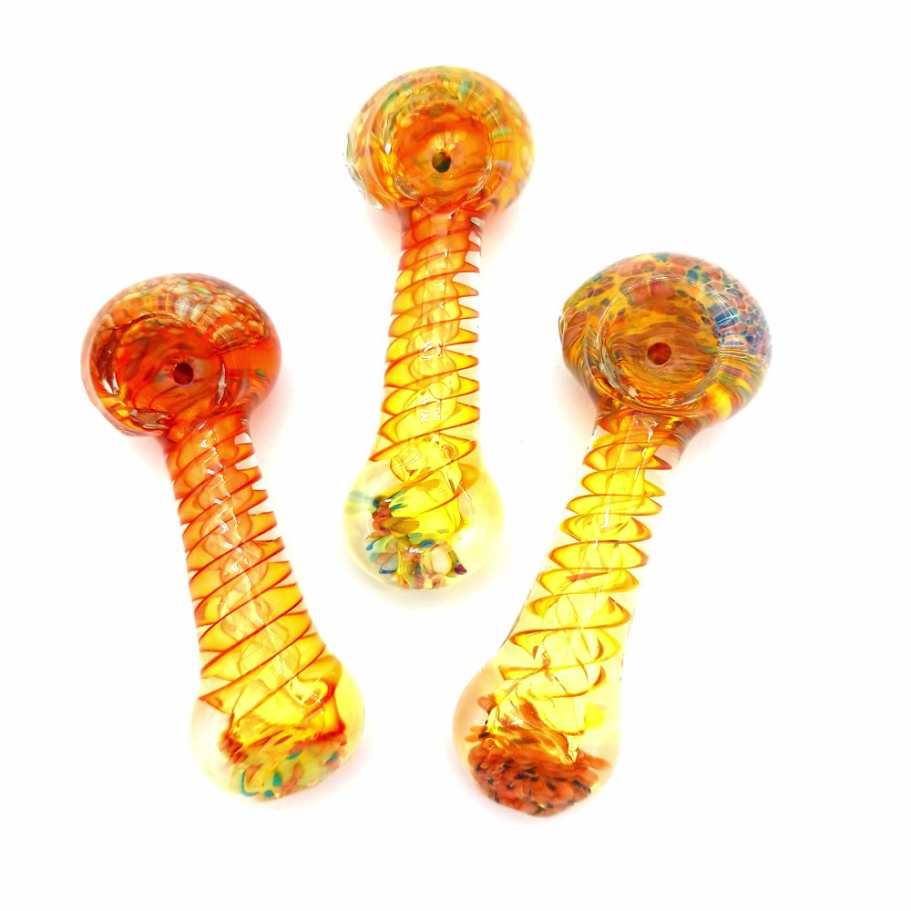 Swirl gold fumed design glass hand pipe featuring shimmering gold-fumed swirl glass artwork, durable thick construction, and compact ergonomic handheld design for smooth use.