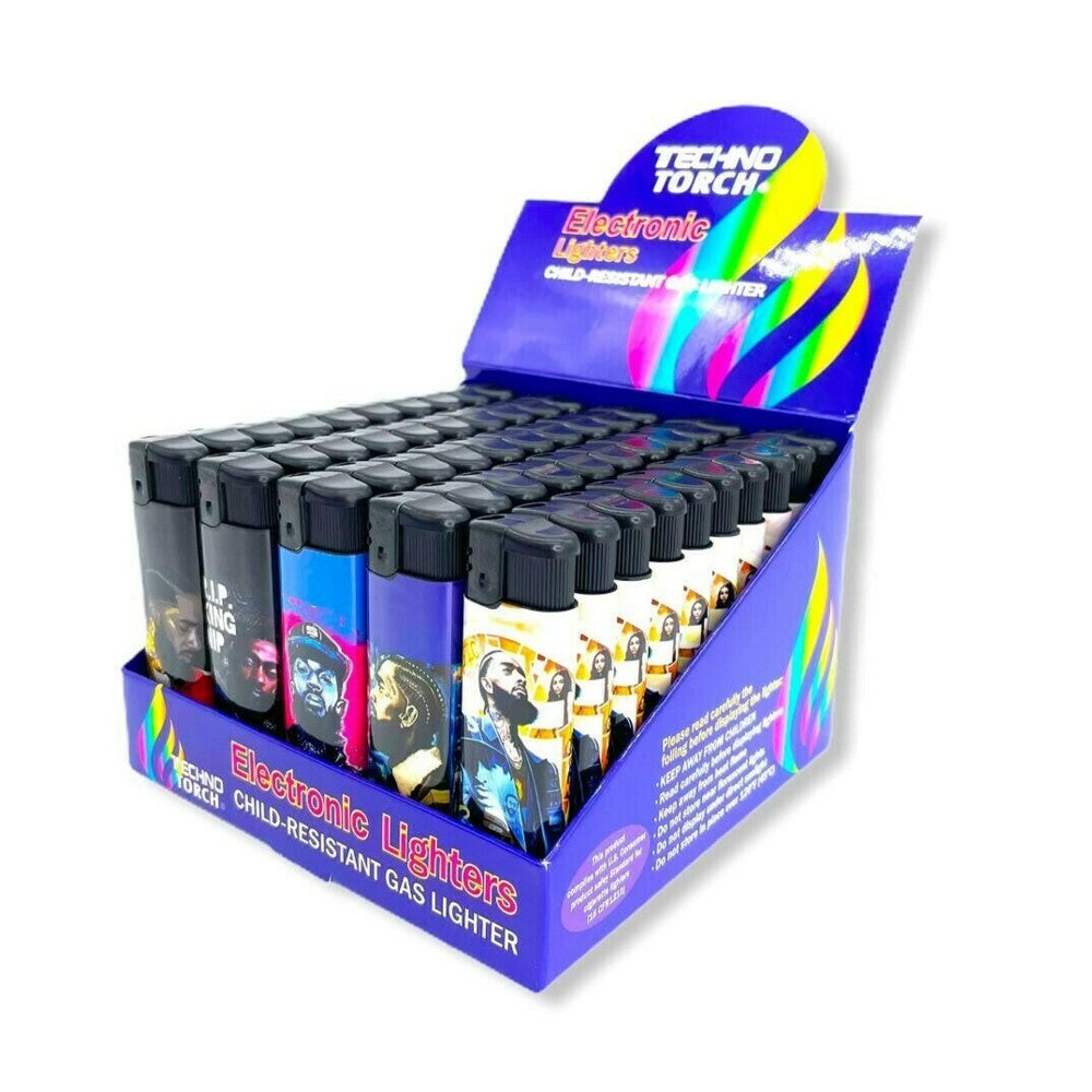 Techno Torch electronic lighter with wind-resistant ignition system, compact design, and 50 pieces per display wholesale pack for retail.