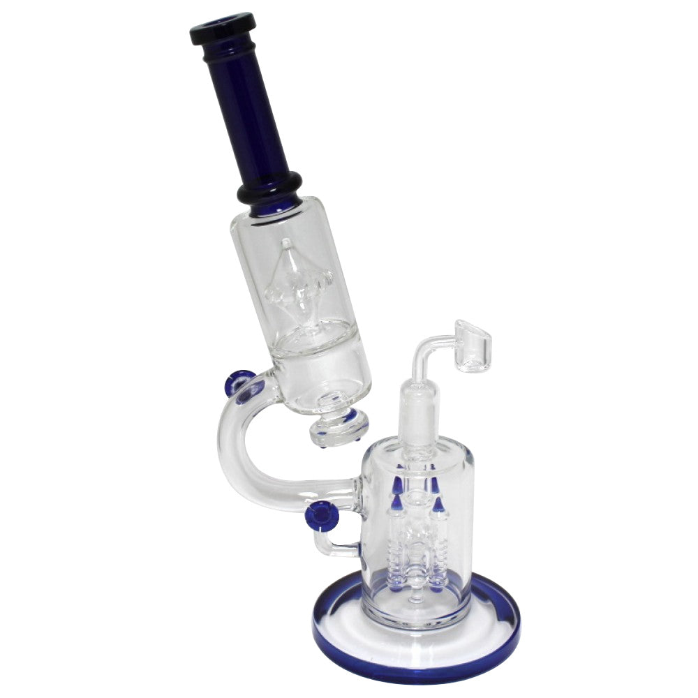 Telescope design water pipe with handled glass body, 4-arm percolator, durable construction, and 18mm female banger for enhanced filtration.