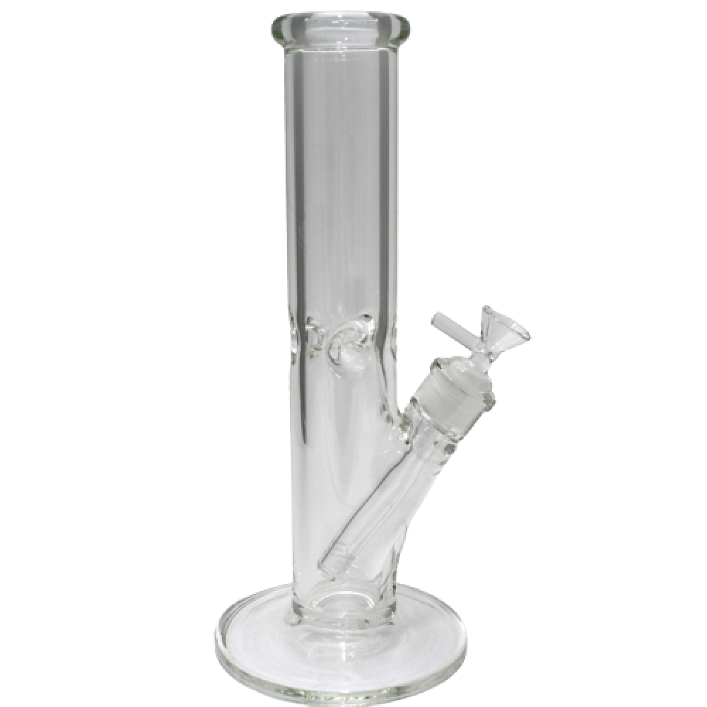 Thick flat bottom straight shooter water pipe with downstem and 14mm male bowl featuring durable glass-on-glass construction.