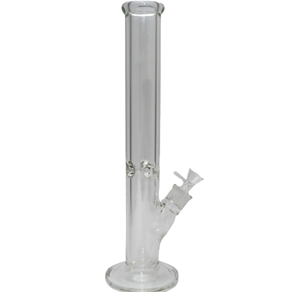 Thick flat bottom straight shooter water pipe with downstem, 14mm male bowl, glass-on-glass connection, and durable clear glass construction.