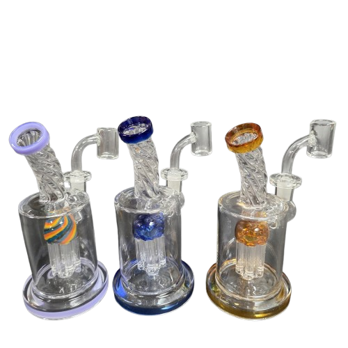 Tree percolator twisted top dab rig water pipe with 14mm male banger, designed for smooth filtration and clean vapor delivery with durable glass construction.