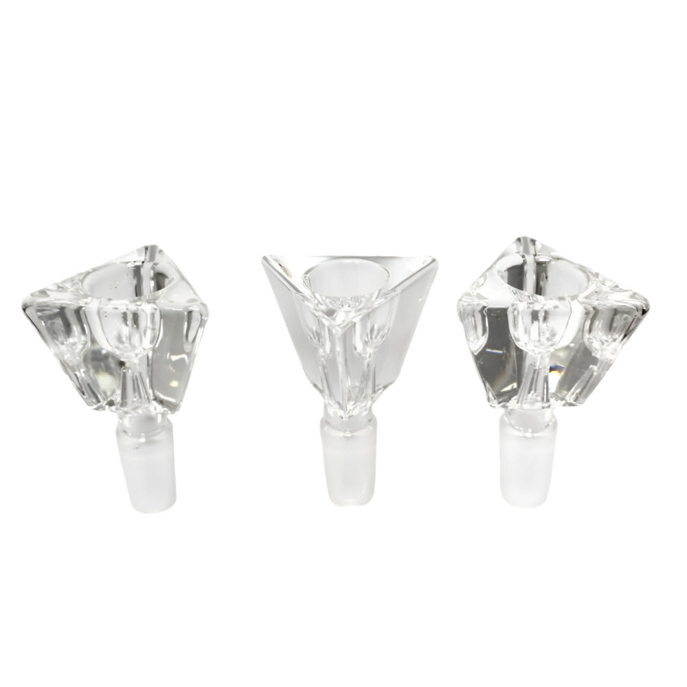 Triangle shape clear glass bowl 14MM male made from heat resistant glass for smooth airflow and durability.