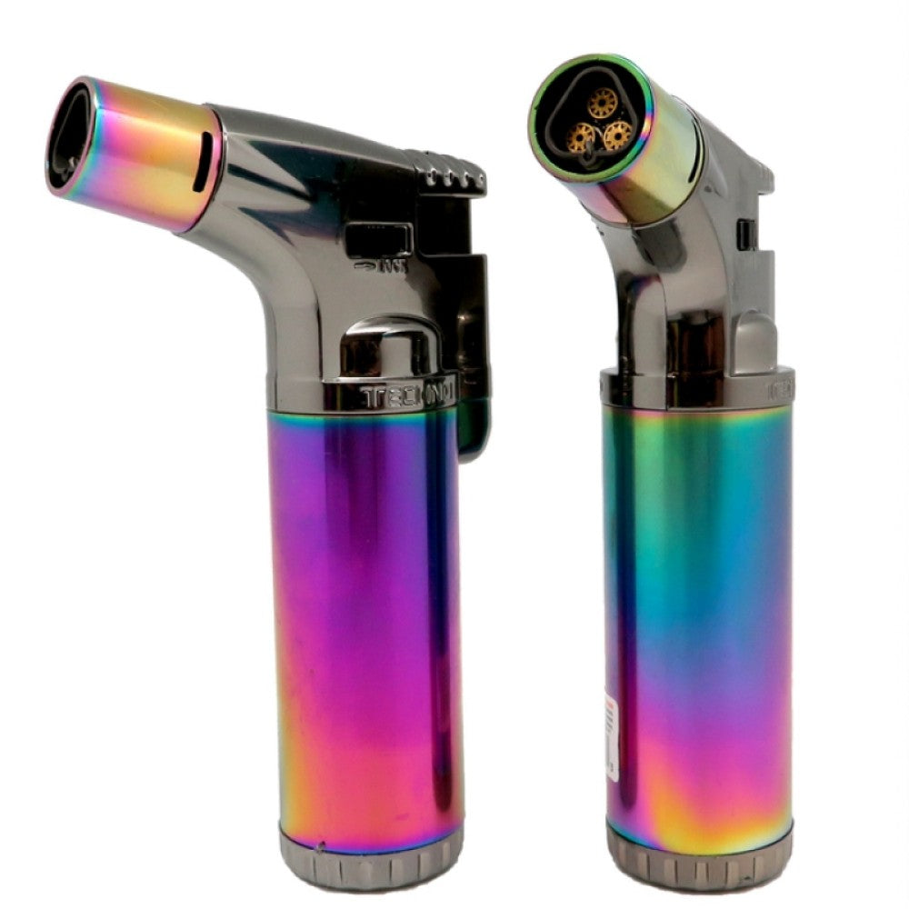 Triple flame techno slant torch lighter with refillable butane system and angled head design, packed 6 pieces per display for retail.