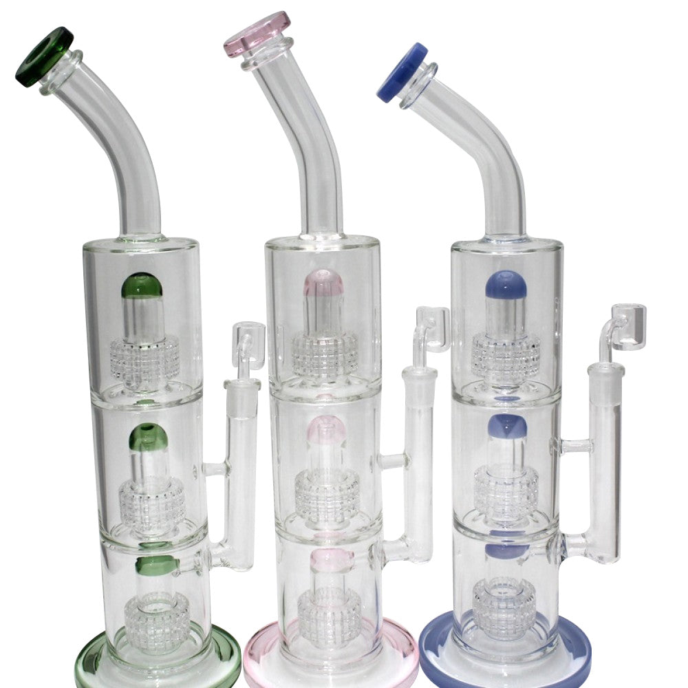 Triple tree percolator heavy beaker water pipe with thick durable glass and advanced multi-stage filtration system for smooth and clean smoking experience.