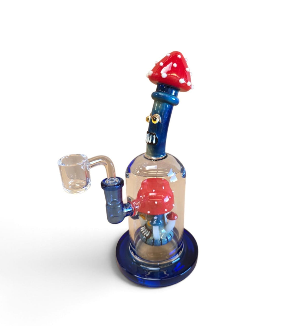Angled view showing sturdy flat base and tube color glass mouthpiece detail