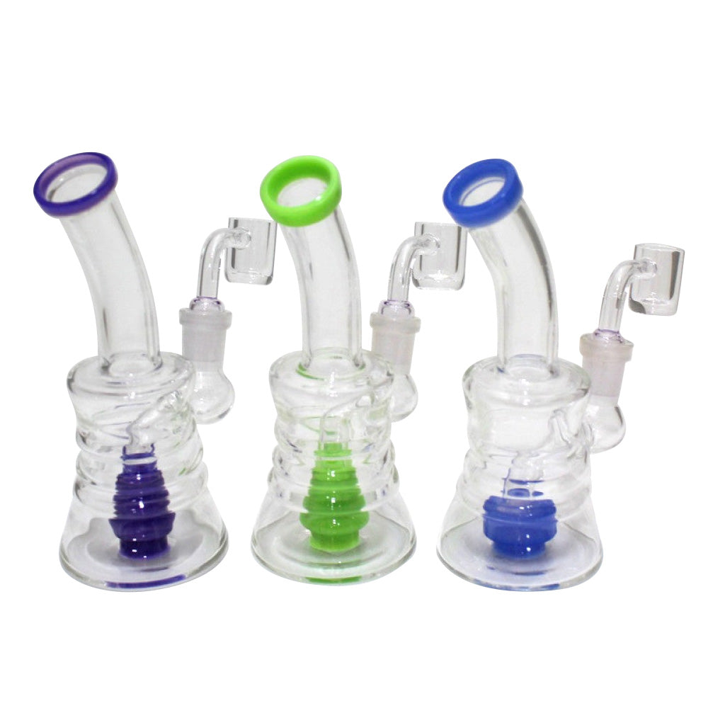 Tube color ribbed design water pipe with 14MM male quartz banger featuring durable glass construction, smooth water filtration, and stylish textured tube design.
