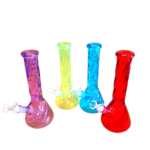 Twisted beaker bong glass water pipe front view with thick glass body and stable base for smooth filtration.