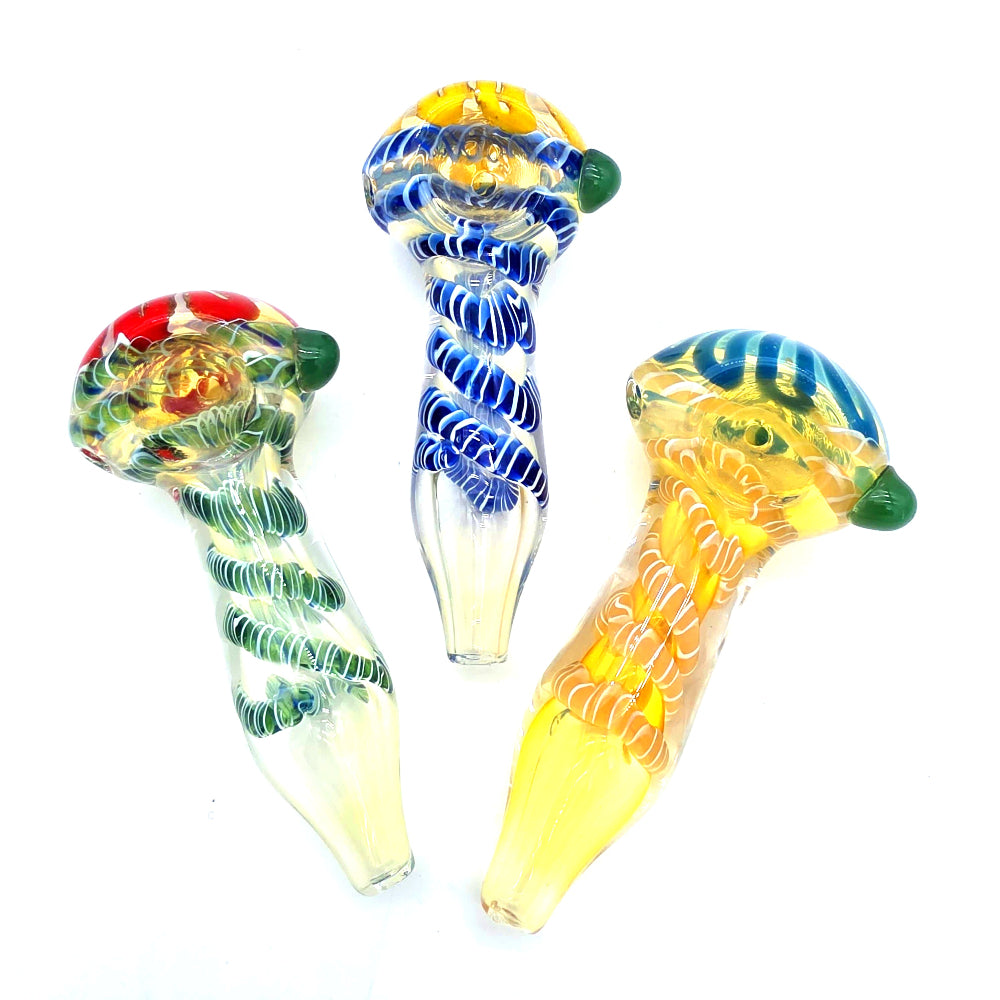 Twisted design swirl color heavy duty glass hand pipe made from thick durable glass with unique twisted swirl pattern, compact shape, and smooth airflow.