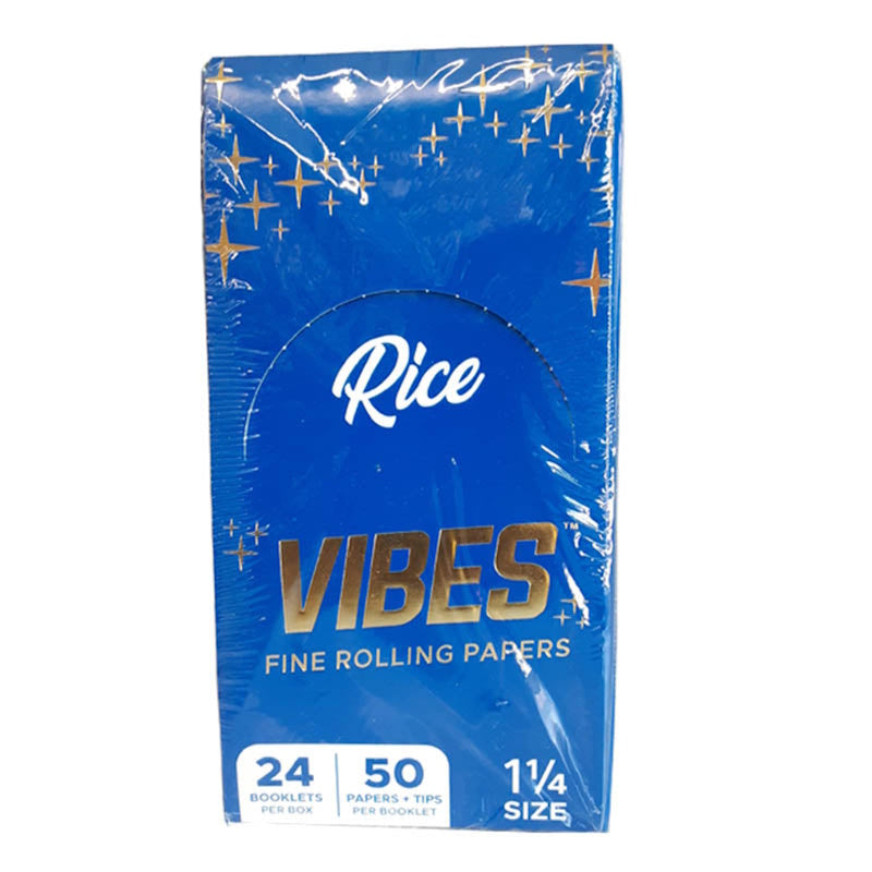 Vibes Rice Fine Rolling Papers 1 1/4 Size 24 Booklet Per Box 50 Papers and Tips Per Booklet Natural Rolling Paper Packaging Display.