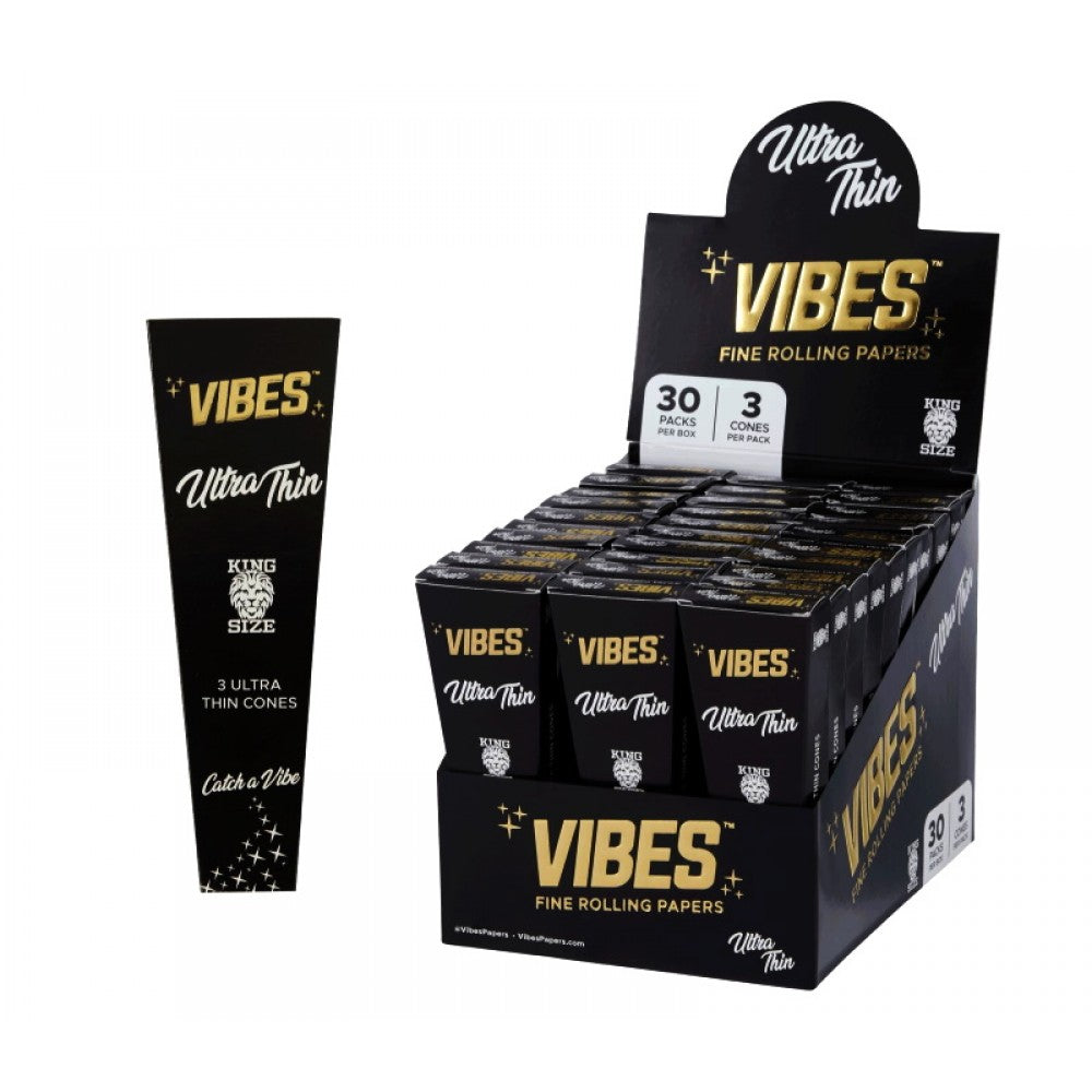 Vibes Ultra Thin King Size Cones 30 Pack Box with 3 Pre Rolled Cones Per Pack