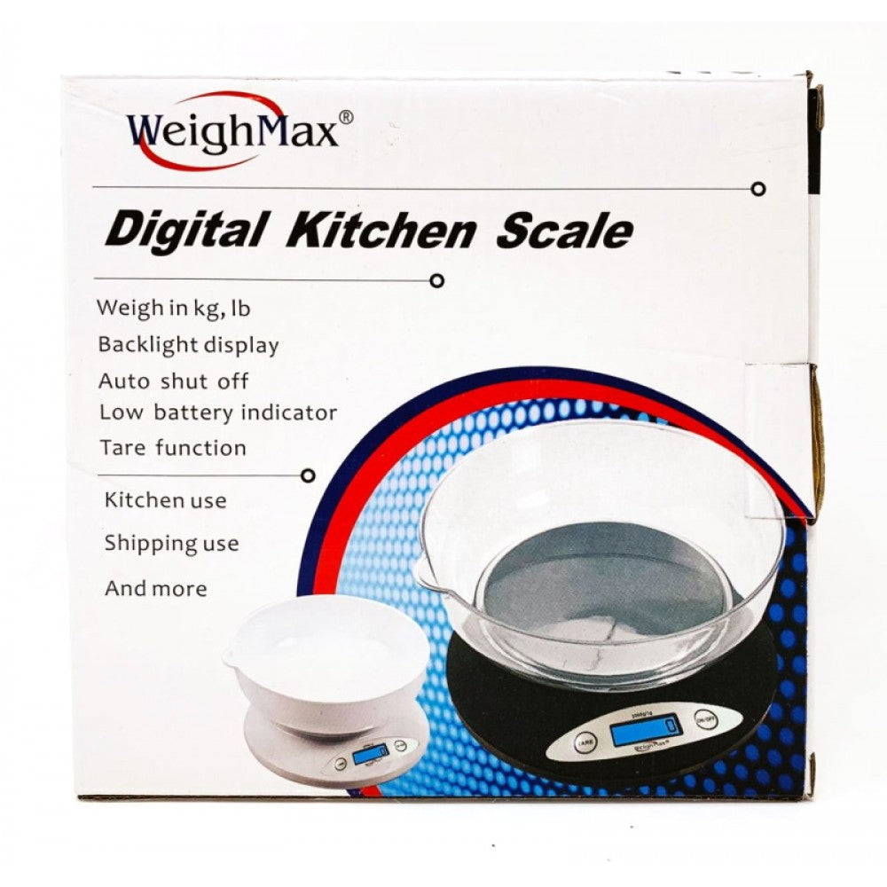 W-2810 Weight Max digital kitchen scale with 5kg capacity and 0.1g precision, includes bowl, LCD display, and compact kitchen design for accurate weighing.