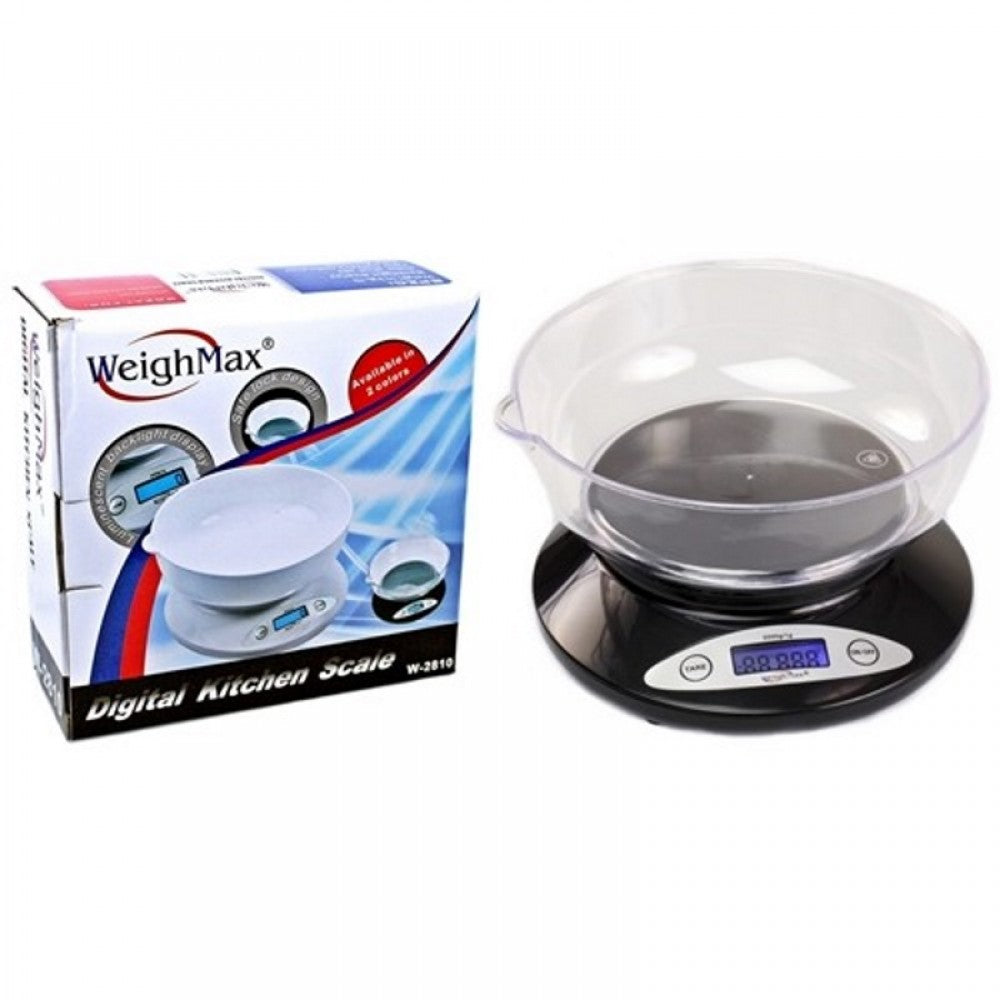 W-2810 Weight Max digital kitchen scale with 5kg capacity and 0.1g precision, includes bowl, LCD display, compact design for accurate kitchen weighing.