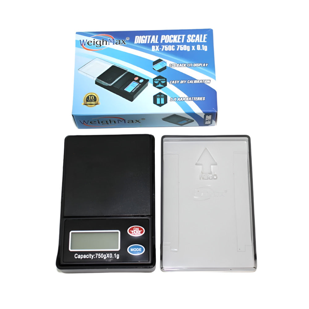 Weigh Max BX-750C pocket scale, 750g capacity with 0.1g precision, compact portable design with LCD display for accurate weighing.