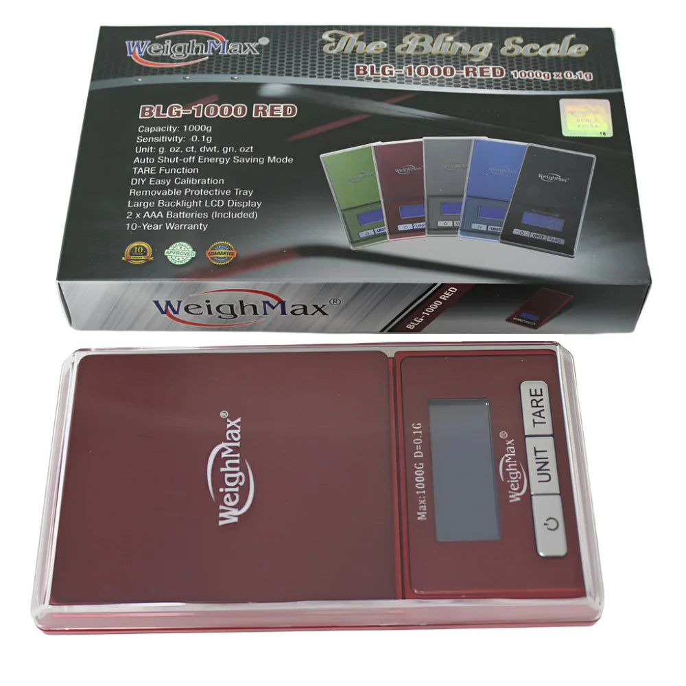 Weight Max The Bling Scale BLG, 1000g capacity with 0.1g precision, compact digital scale with LCD display for accurate portable weighing.