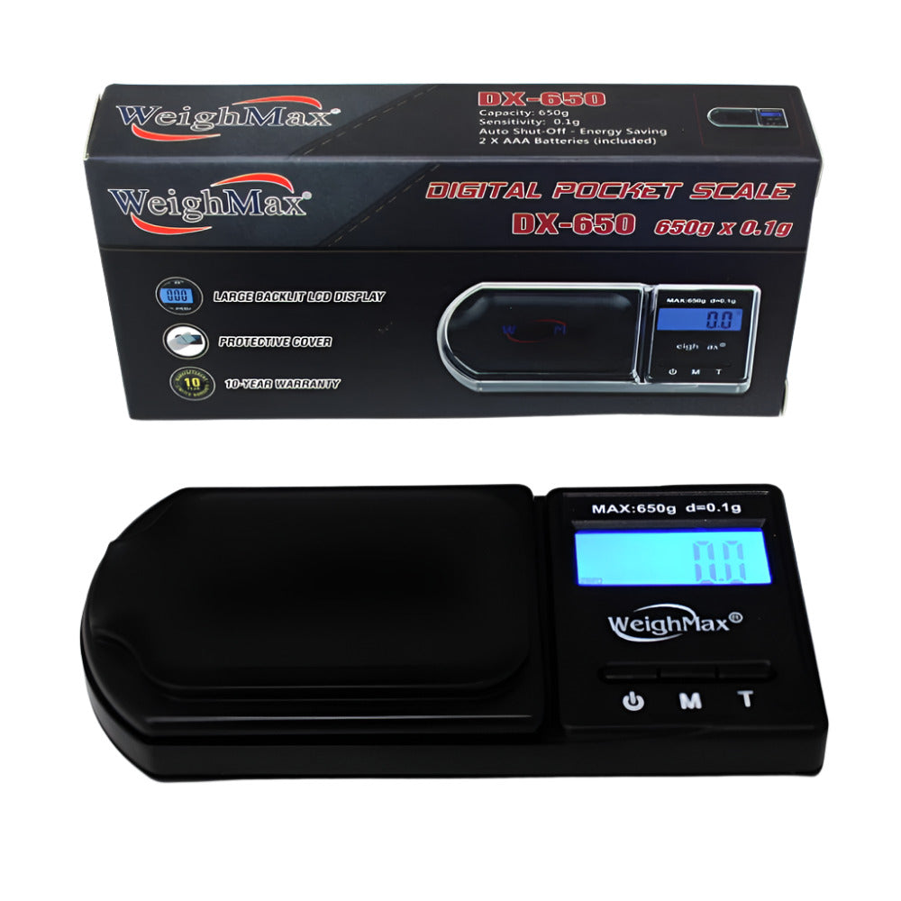 Weight Max DX-650 digital pocket scale, 650g capacity with 0.1g precision, compact portable design with LCD display for accurate weighing.
