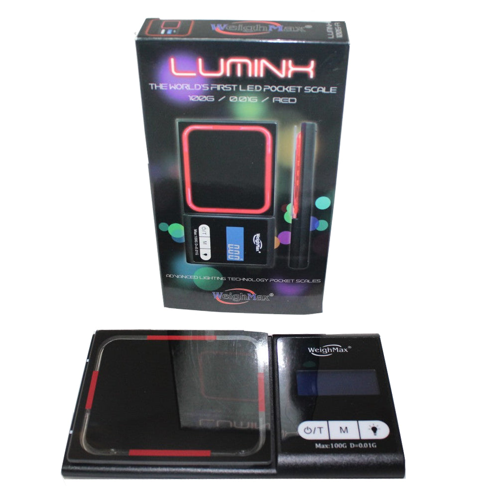 Weight Max LUMINX digital scale, 100g capacity with 0.01g precision, compact portable design with LCD display for accurate weighing.