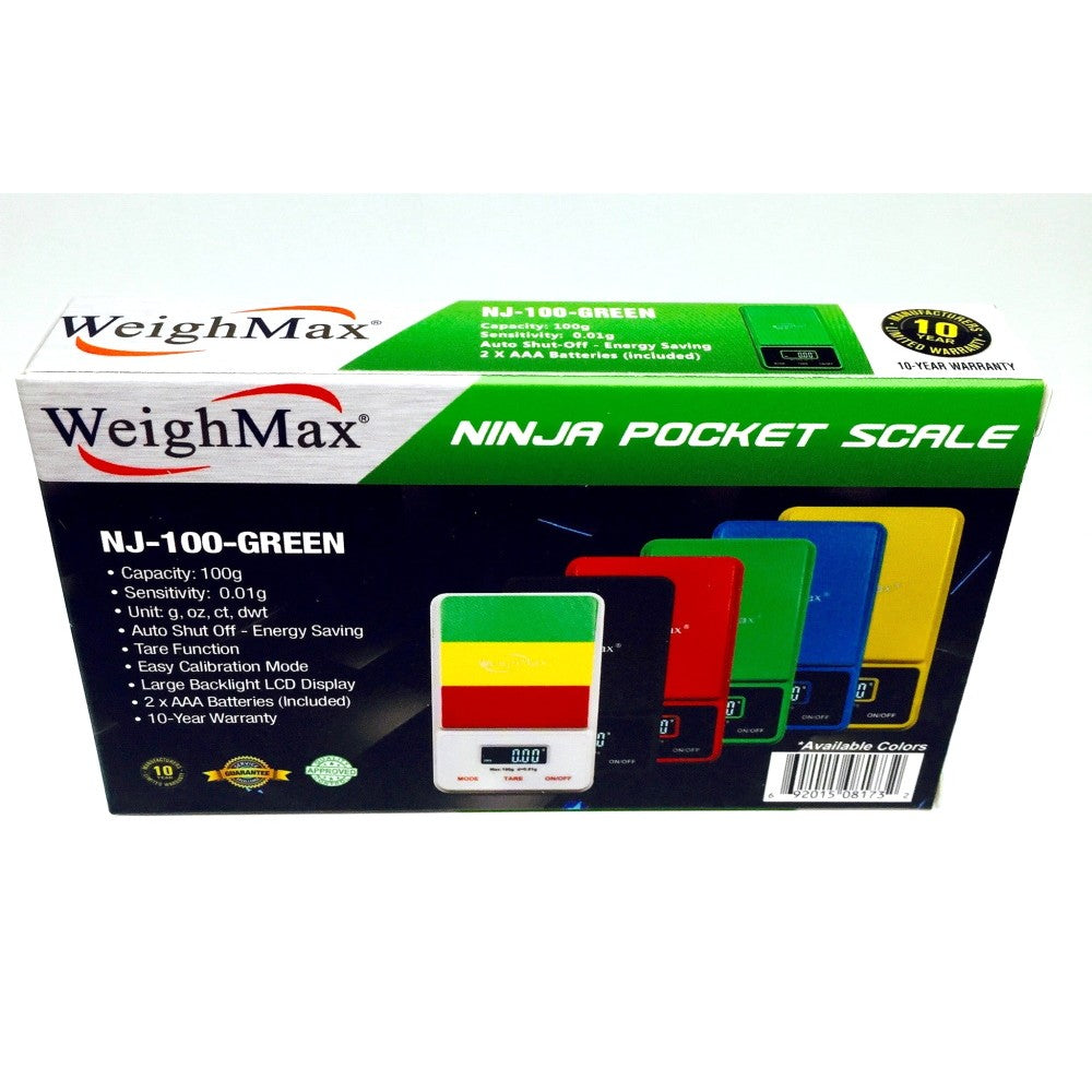 Weight Max Ninja NJ-100 pocket scale, 100g capacity with 0.01g precision, compact digital scale with LCD display for accurate portable weighing.
