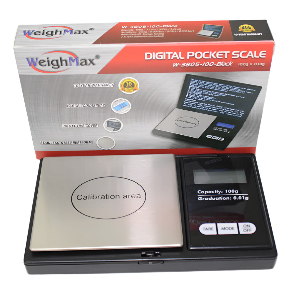 Weight Max W-3805 pocket scale, 100g capacity with 0.01g precision, compact digital scale with LCD display for accurate portable weighing.