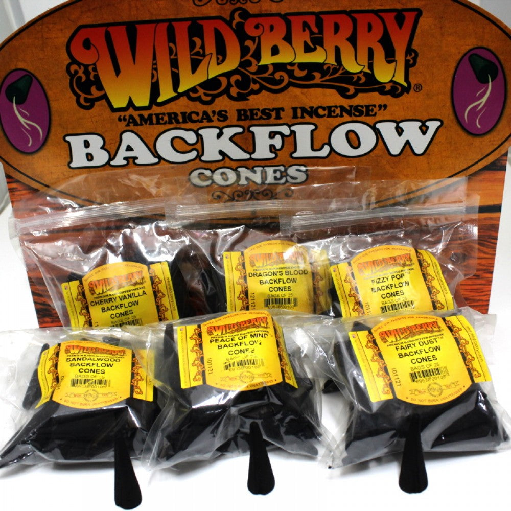 Wild Berry Backflow Cones 25 pack aromatic incense cones designed for smoke flow effect with rich fragrance ideal for meditation relaxation and décor.
