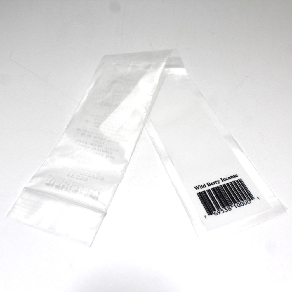Wild Berry incense zip lock bags 2x12 inch size, 100 count durable plastic storage pouches with airtight seal for secure incense packaging and freshness.