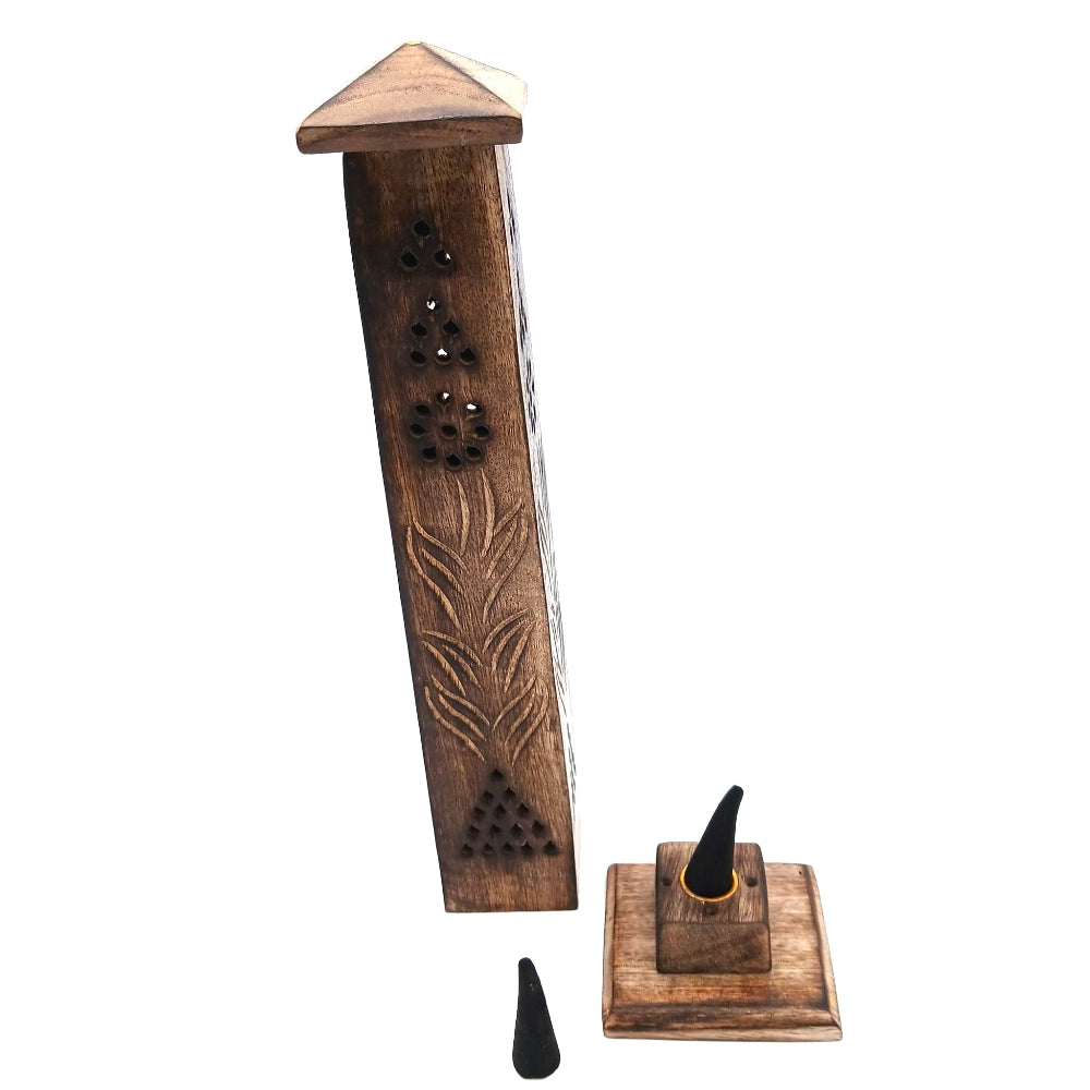 Wooden incense holder 2 in 1 cone and stick stand tray made from natural wood durable design ideal for burning incense cones and sticks in meditation and relaxation use.