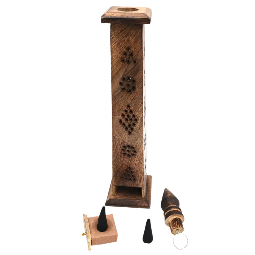 Wooden stand incense holder for cone incense, crafted from durable natural wood with a stable base design for safe burning and stylish home decor use.