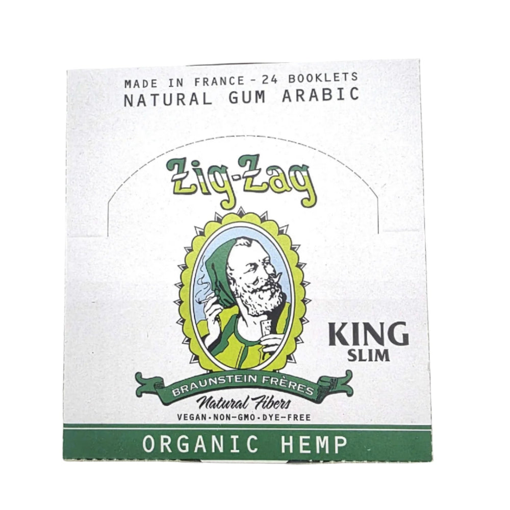Zig Zag organic hemp king size slim rolling paper, 24 booklets, natural unbleached paper designed for smooth, even, and clean rolling experience.