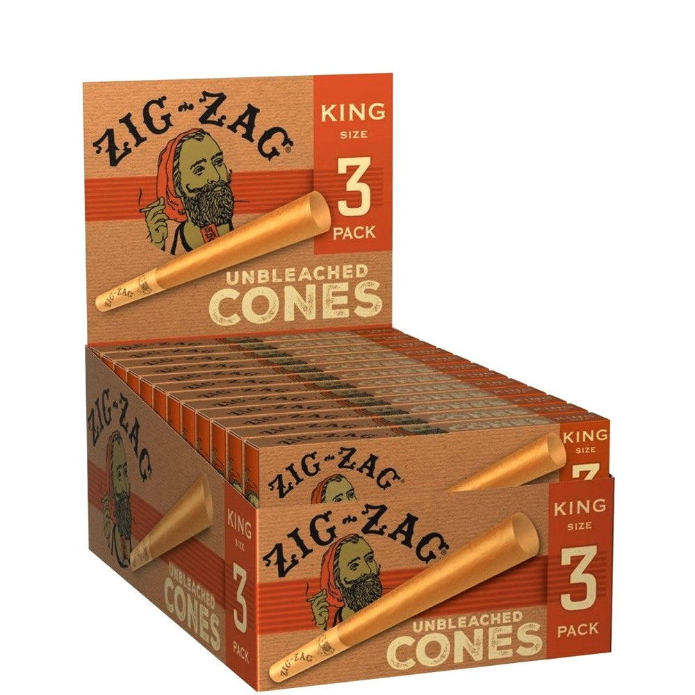 Zig Zag unbleached king size pre-rolled cones 3 pack 24 count box made from natural paper for smooth slow burning performance.