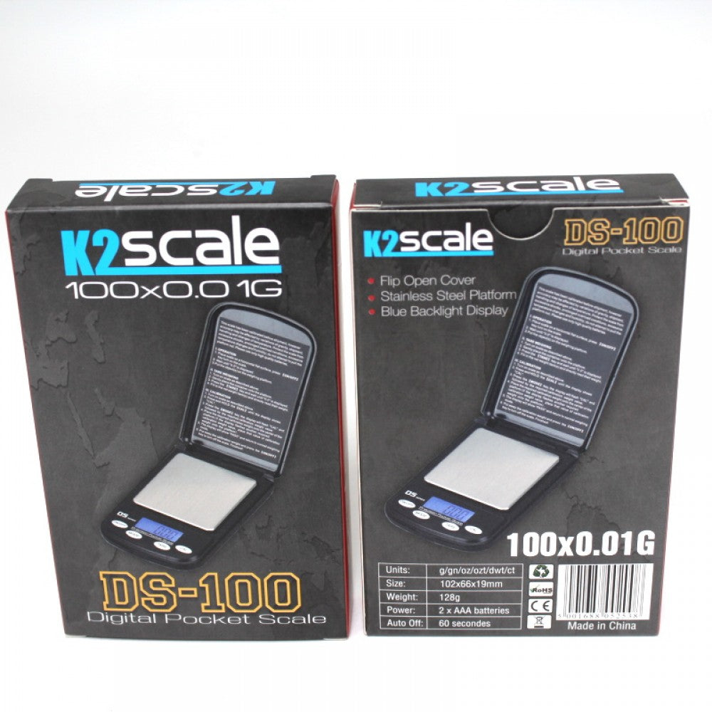 Digital pocket scale K2 DS-100 100g x 0.01g with high accuracy sensor, portable design, and clear LCD display for precise measurement.