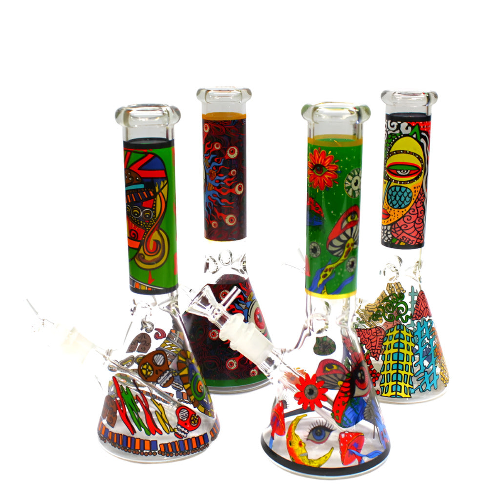 10-inch beaker water pipe with mixed art decal design and 14mm male glass-on-glass bowl