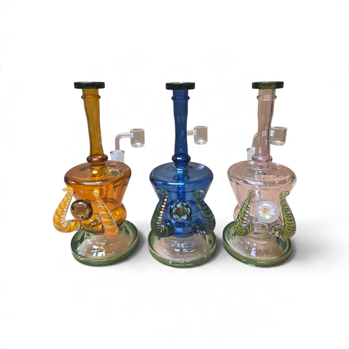 10'' Flat Bottom Colorful Flower Design Water Pipe With 14 MM Male Banger