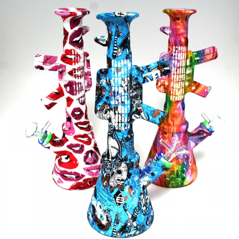 11'' Silicone Gun Shape Printed Multi Color Water Pipe With 14 MM Male Bowl