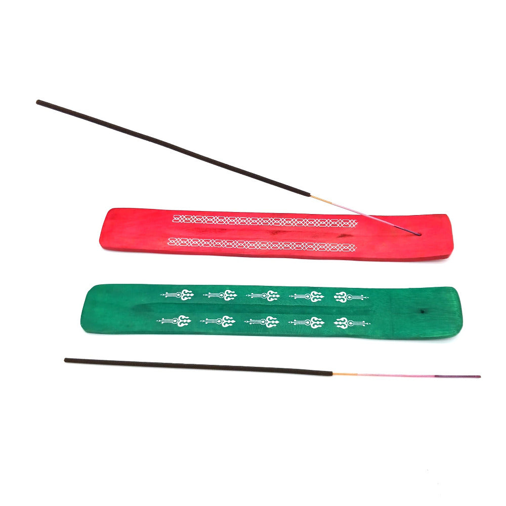 12 pack wooden incense burner in assorted colors, made from natural wood with smooth finish for safe incense burning, decorative appeal, and calming ambiance.